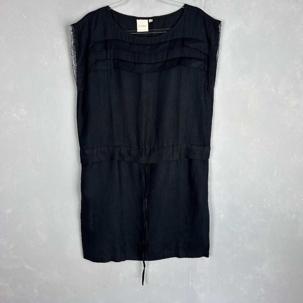 Reistor size M shift black dress 100% hemp short cinched waist w pockets